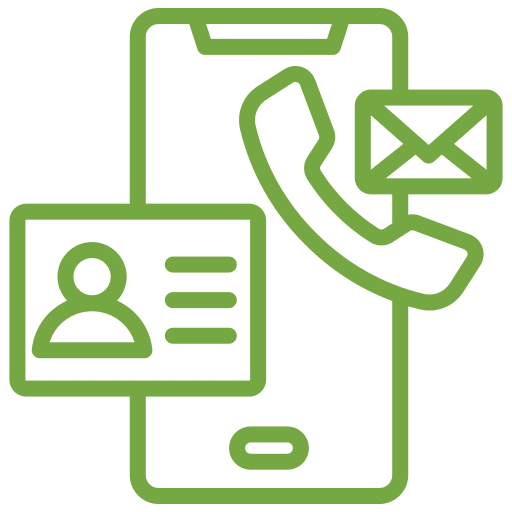 Icône de ligne verte d'un smartphone avec un récepteur téléphonique, un symbole d'enveloppe et une carte de contact avec une silhouette de personne et des lignes représentant du texte