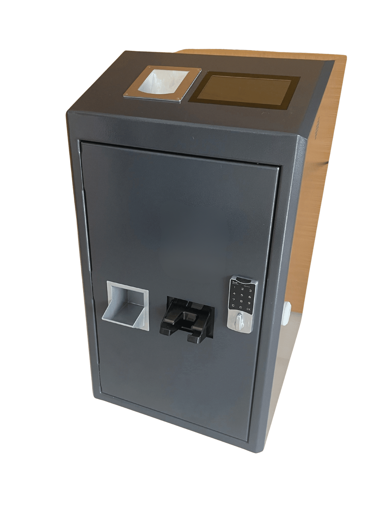 Machine M100 de Paybox en gris anthracite avec un récepteur de billets, de pièce, un écran tactile conçue pour le Maroc
