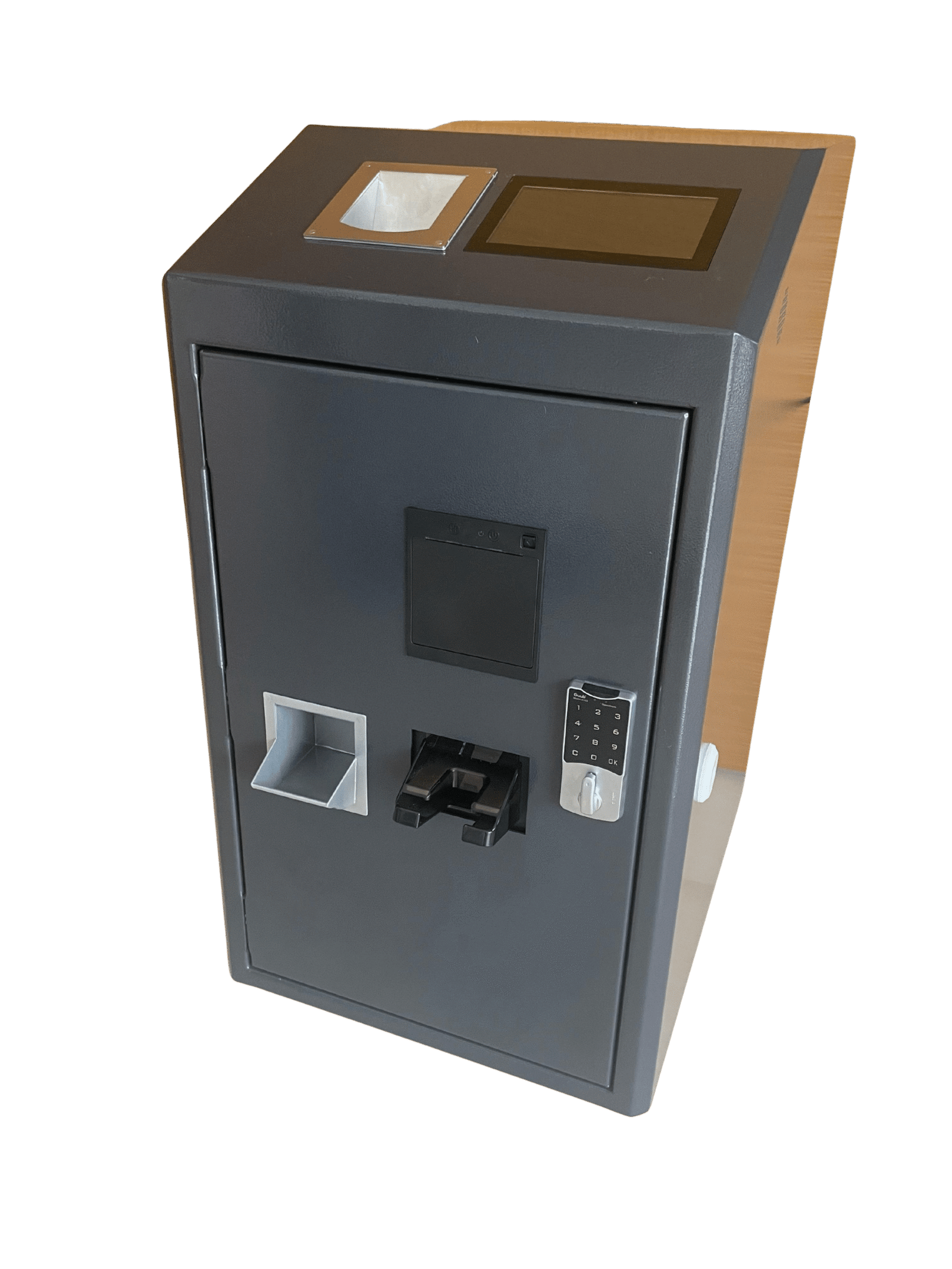 Machine M300 de Paybox en gris anthracite avec un récepteur de billets, de pièce, un écran tactile conçue pour le Maroc
